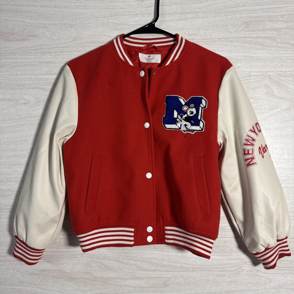 H&M kids red and white varsity bomber jacket M Patch With Mouse 8/10